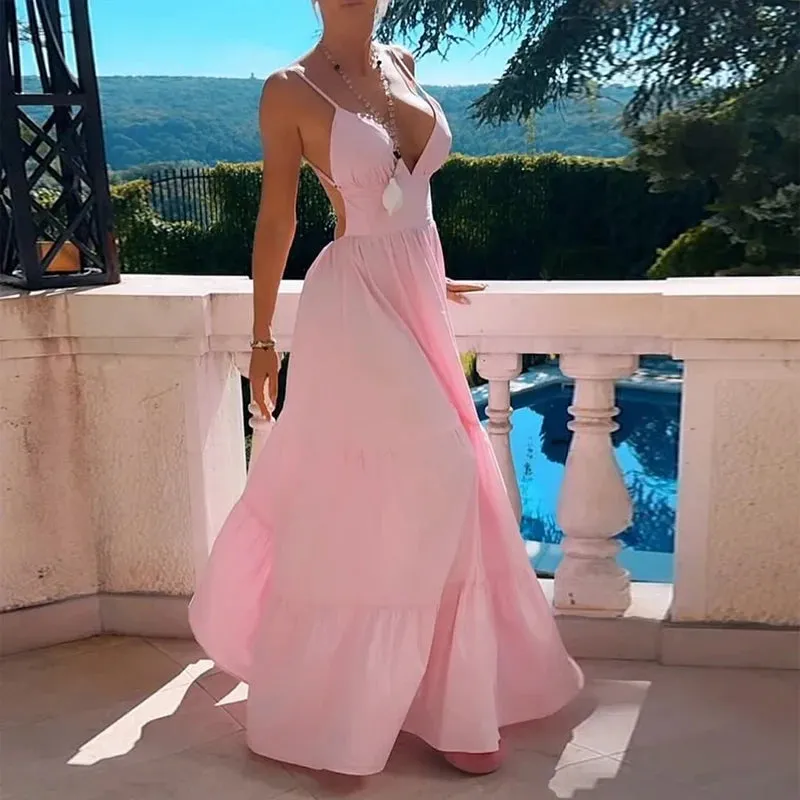 Vacation Pink Backless Tiered Maxi Dress