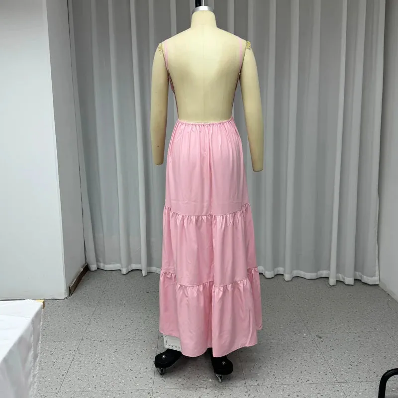 Vacation Pink Backless Tiered Maxi Dress