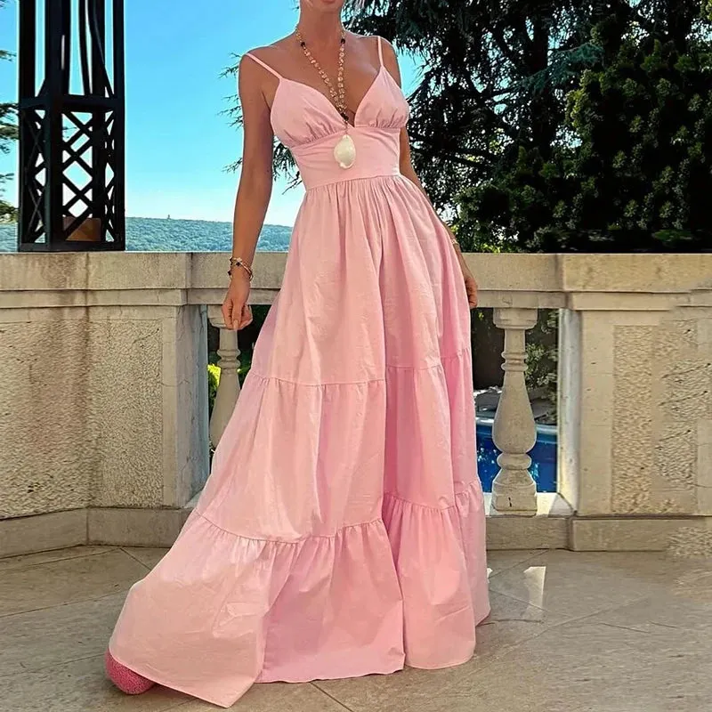 Vacation Pink Backless Tiered Maxi Dress