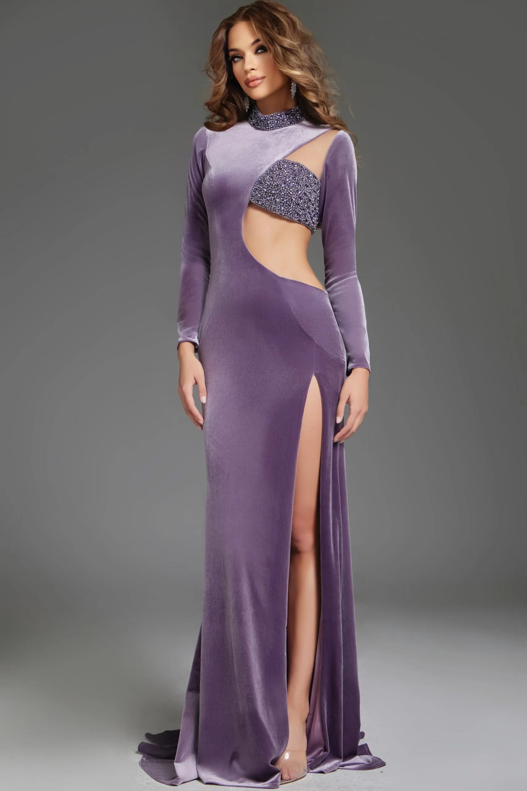 Velvet Fitted Long Sleeve Slit Gown by Jovani 40124