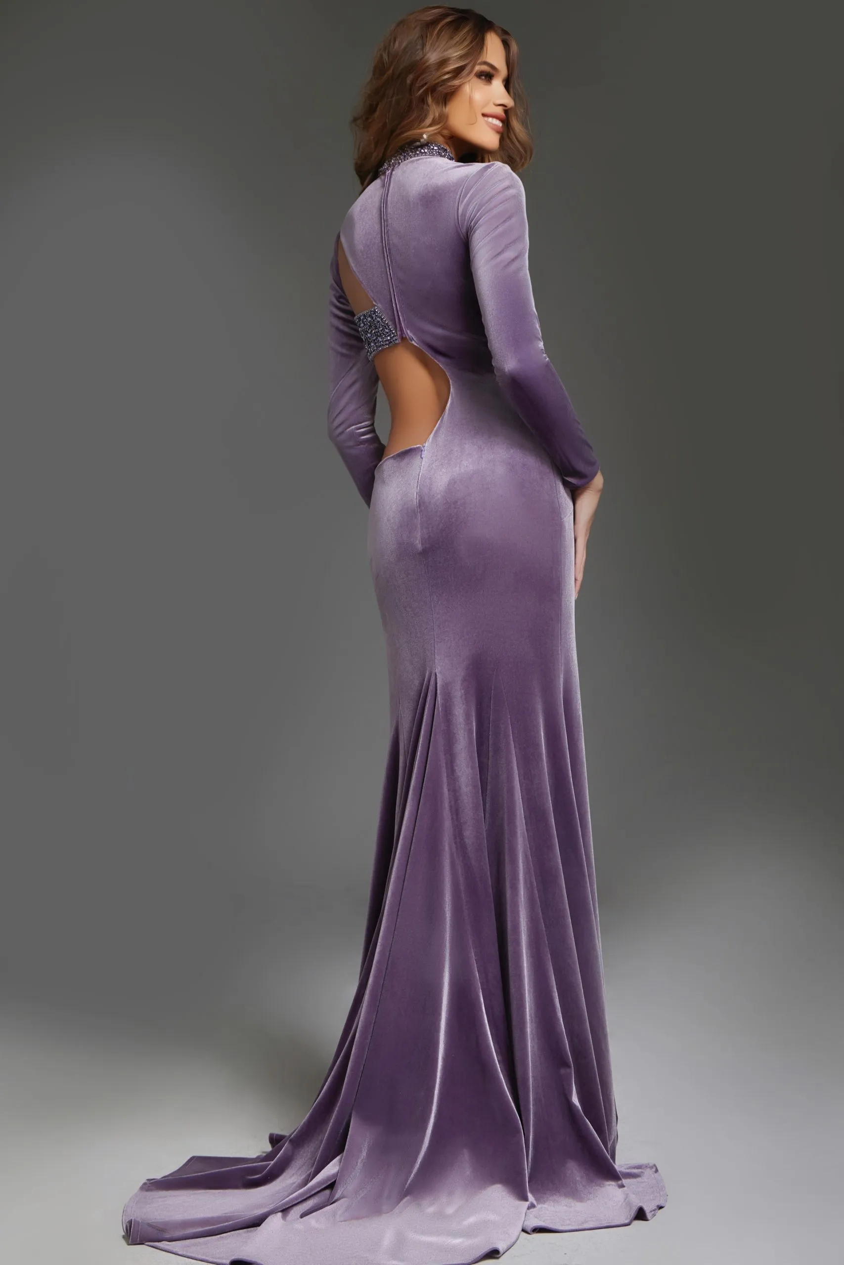 Velvet Fitted Long Sleeve Slit Gown by Jovani 40124