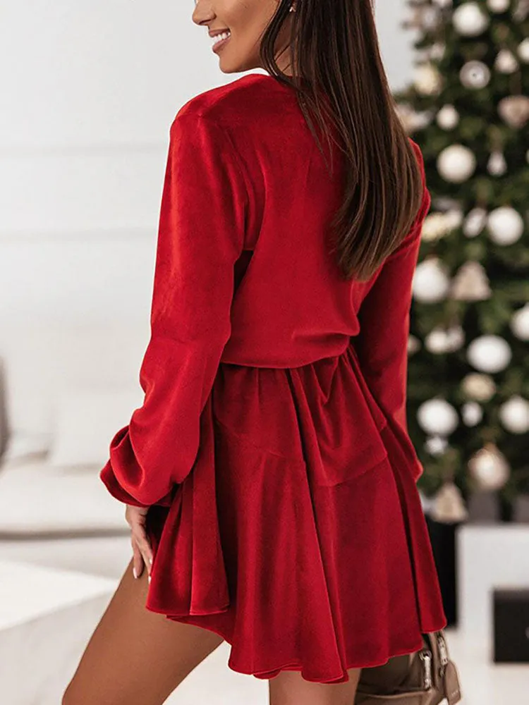 Velvet Long Sleeves Belted Ruffle Mini Dresses