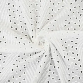 White Cotton Striped Abstract Chevron Eyelet Embroidered Batiste Fabric