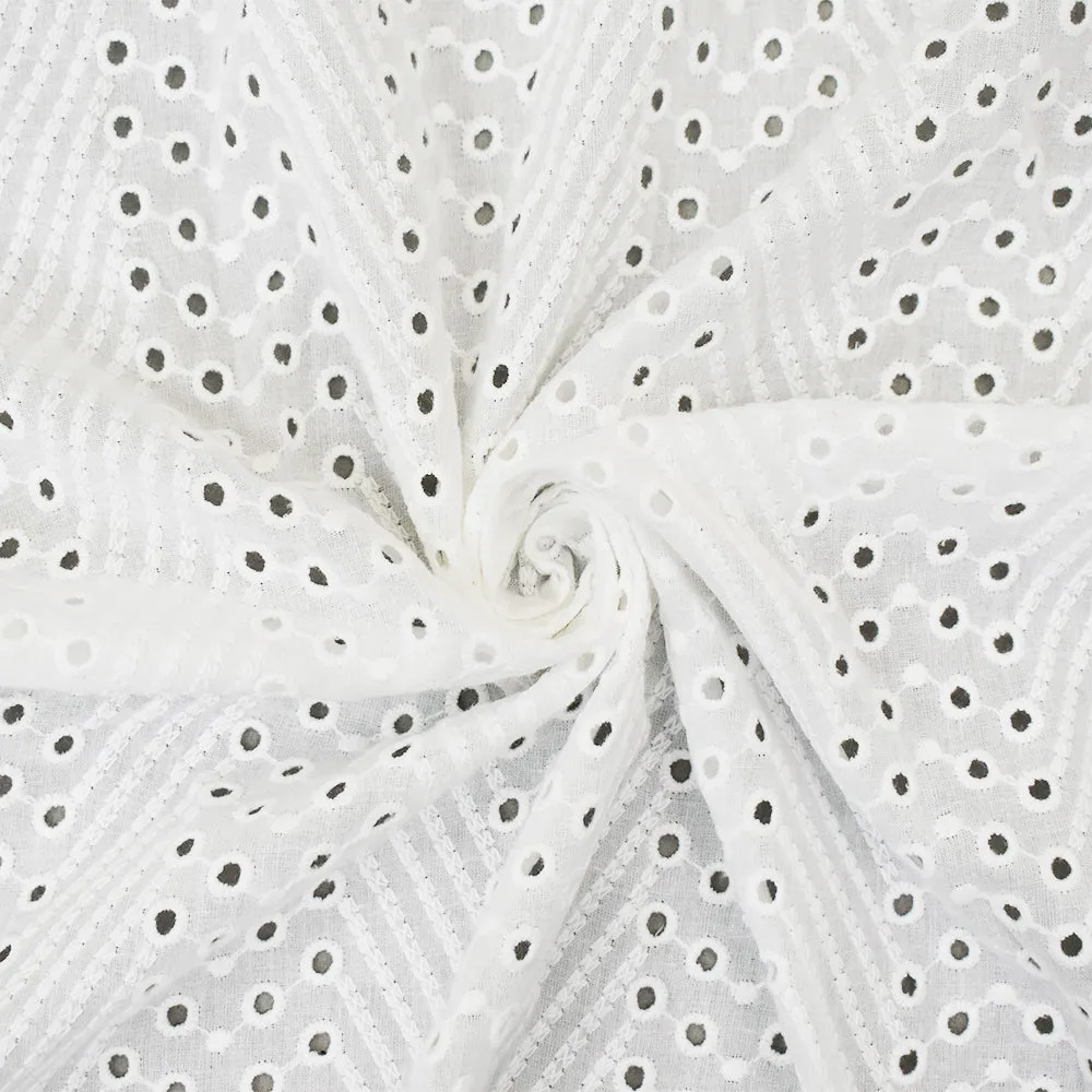 White Cotton Striped Abstract Chevron Eyelet Embroidered Batiste Fabric