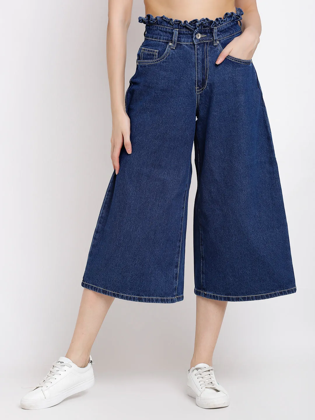 Women Blue Cotton Blend Solid Calf length Cotton Blend Culottes