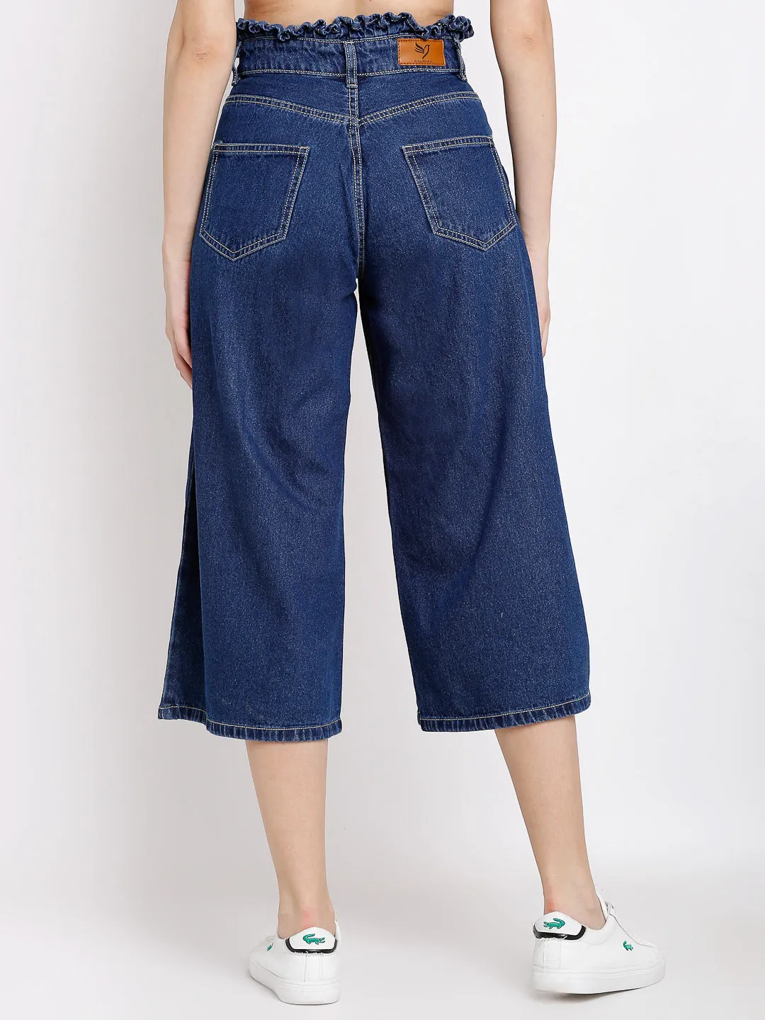 Women Blue Cotton Blend Solid Calf length Cotton Blend Culottes