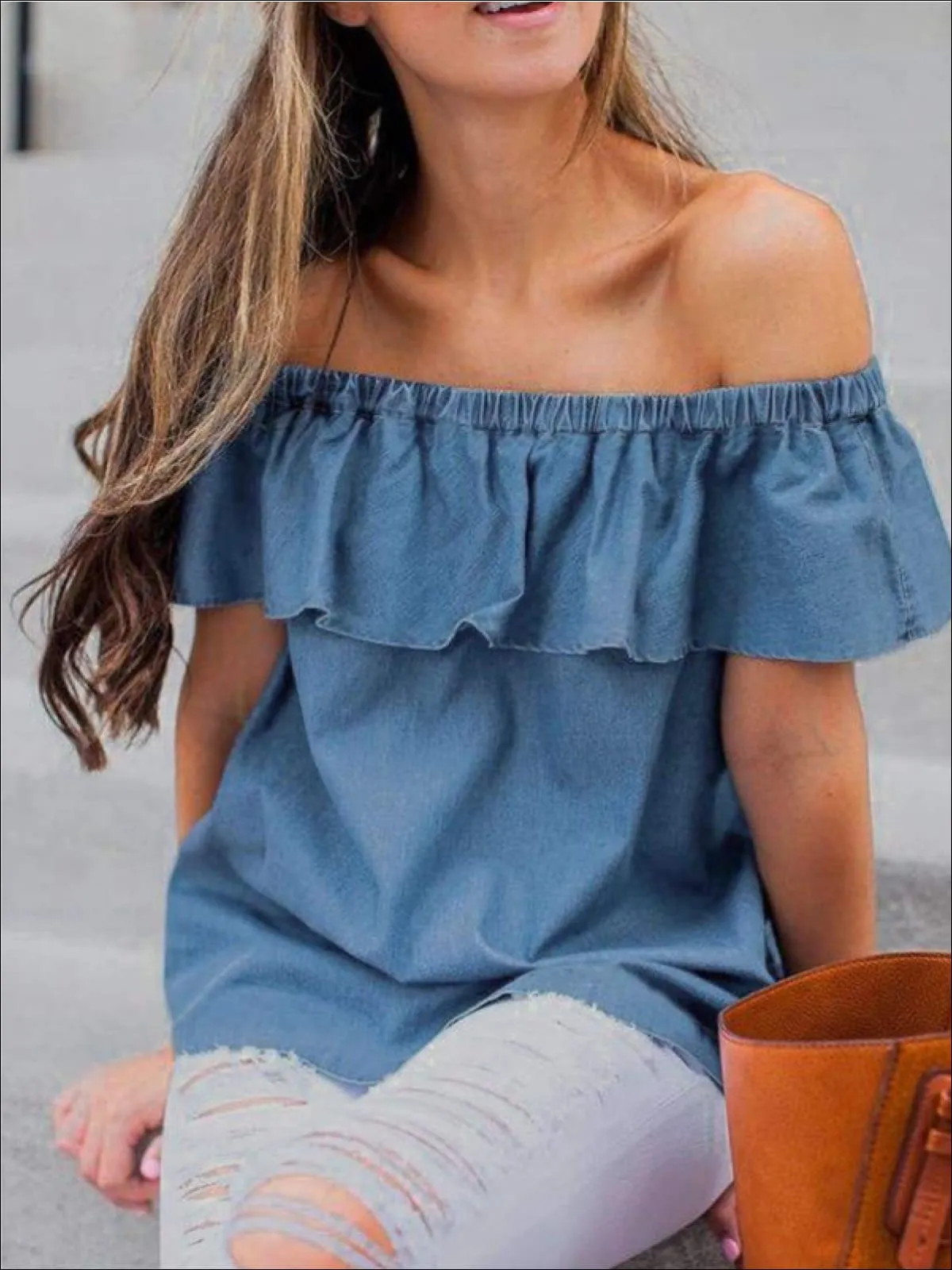 Women's Denim Off The Shoulder Ruffle Sleeve Blouse