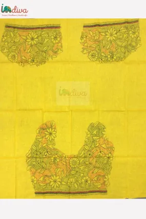 Yellow Reverse Kantha Blouse Fabric With Green & Red Floral Motifs